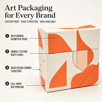 Boîte cadeau rigide carrée à motifs géométriques, boîte en papier d'art orange et blanc personnalisée pour l'emballage de cosmétiques et de cadeaux