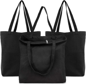 <strong>Black</strong> Canvas <strong>Tote</strong> Bag, Canvas Bags with Zipper Heavy Duty Reusable Washable Grocery Shopping Bag with Handle, Blank Cotton Bags - Product Image 1