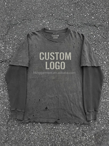 High quality Stone Wash Crew Neck Long <b>shirt</b> 100% Cotton for Men <b>waffle</b> thermal lining Acid Wash Long <b>shirt</b> Distressed for men - Product Image 3