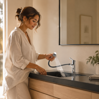 Robinet de lavabo moderne en cuivre chromé à 1 poignée, mitigeur de douche à main monté sur le comptoir, avec valve en céramique, pour salon, hôtel, salle de bain
