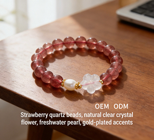 Pulseira de Cristal Natural de Morango com Strass e Contas, Design Vintage de Gema Rosa, Pixiu da Riqueza e Boa Sorte para Mulheres, Presente Atacado - Product Image 3