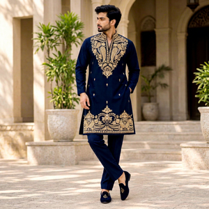 Ensemble pantalon et polo Lachka Kurta de qualité supérieure pour homme avec broderie dorée et poches latérales |   Vêtements de mariage et de fête - Product Image 1