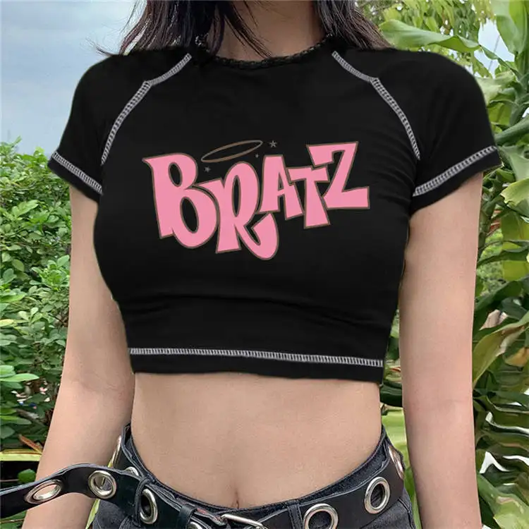 Streetwear 90s Summer New Y2k Women's Clothing Bratz Letter Printing Black Crop Tops O-neck Vintage Casual Short Sleeve T-shirts