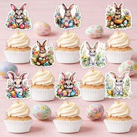 8pcs Easter Watercolor Cute Bunny Cupcake Topper Rabbit Easter Egg Flower Cake Decoration Spring Party Supplies