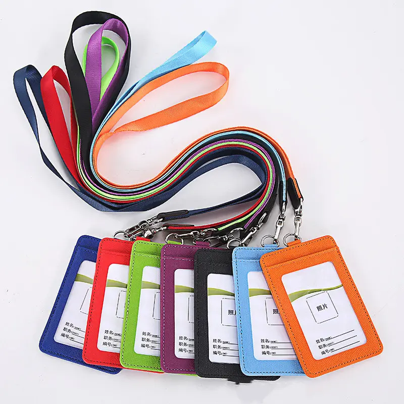 Custom vertical &Horizontal PU Leather Badge card Employees Working Name tag ID Card Holder with Detachable Metal buckle lanyard