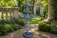 Bain d'oiseaux et mangeoire 2-en-1 au design de gazebo antique, en résine écologique, pour la décoration extérieure de jardin et de cour