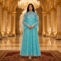 Robe de soirée caftan à sequins, ornée de dentelle florale 3D perlée, manches cape fendues, col montant, pour femmes musulmanes