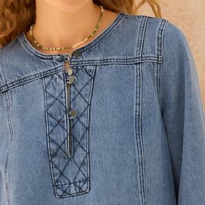 Vestido de Mezclilla de Verano para Mujer, a la Moda, de Manga Larga, Bordado, Informal, Mini - Product Image 3