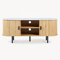 Table TV moderne en bambou avec 2 portes coulissantes et compartiments de rangement, meuble TV console avec plateau blanc |   Usine Homex_BSCI