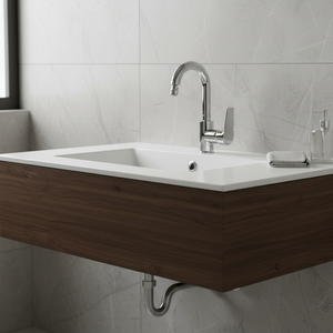 DL03 Robinet de lavabo monocommande moderne en laiton 40 mm avec cartouche, à débit contrôlé, économie d'eau, avec flexibles en acier inoxydable, type Cygne, à poser sur comptoir - Product Image 3
