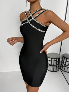 بيع بالجملة فستان نسائي مزاجه أنيق للنساء ضمادة فستان شبكي كتف مرصع تنورة راقية فستان سهرة حفلة موسيقية - Product Image 2