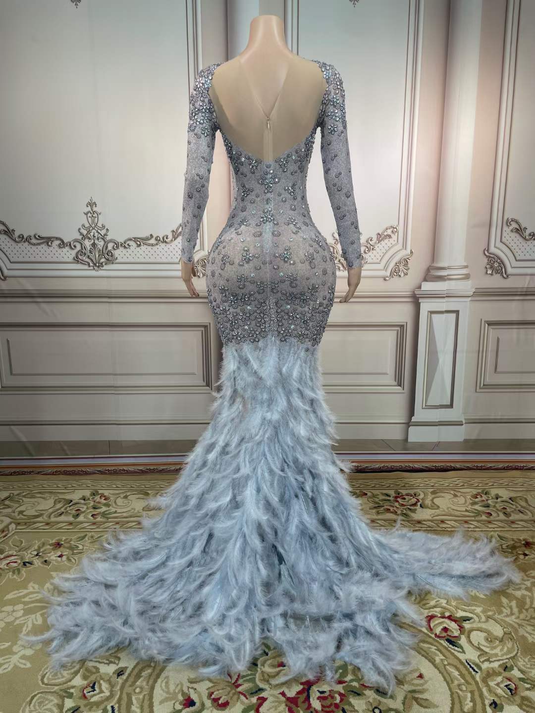 Feather Performance Maxi Dress - Elegant Backless Party Wear