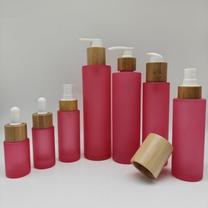 Flacon en verre <span class=keywords><strong>rouge</strong></span> givré avec pompe pulvérisateur compte-gouttes en bambou, 20 ml, 30 ml, 50 ml, 100 ml, 120 ml, 150 ml, 200 ml - Product Image 4