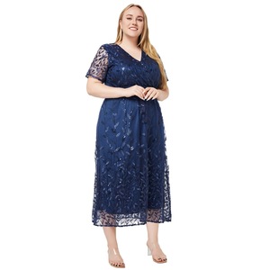 Abito da sera formale scintillante da donna <span class=keywords><strong>taglie</strong></span> <span class=keywords><strong>forti</strong></span>, <span class=keywords><strong>rosso</strong></span>, con paillettes a foglia, in tulle, scollo a V, maniche corte, con laccetto in vita, linea ad A - Product Image 2