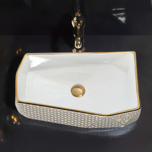 Oferta Especial: Lavabo de Diseño Irregular para Baño, con Borde Dorado, Ecológico, Negro, para Encimera - Product Image 5