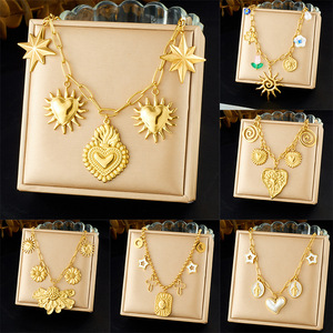 European American Fashion Retro Gold Plated Stainless Steel Heart Sun Flower Cross Pendant Necklace Gift Jewelry - Product Image 1