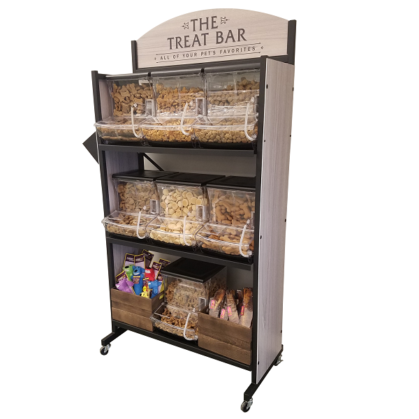 Customized Modern Pet Dog Treats Wood Floor Standing Display Stand with Storage for Pet Store Retail — view 4