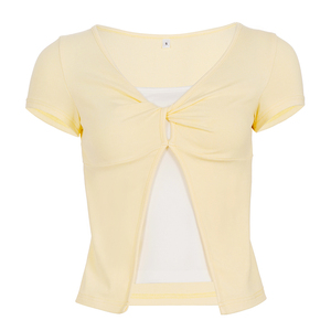 T-shirt décontracté et confortable à manches courtes, effet deux pièces, avec nœud torsadé et blocs de couleur – Haut à nœuds superposés contrastant pour femme - Product Image 6