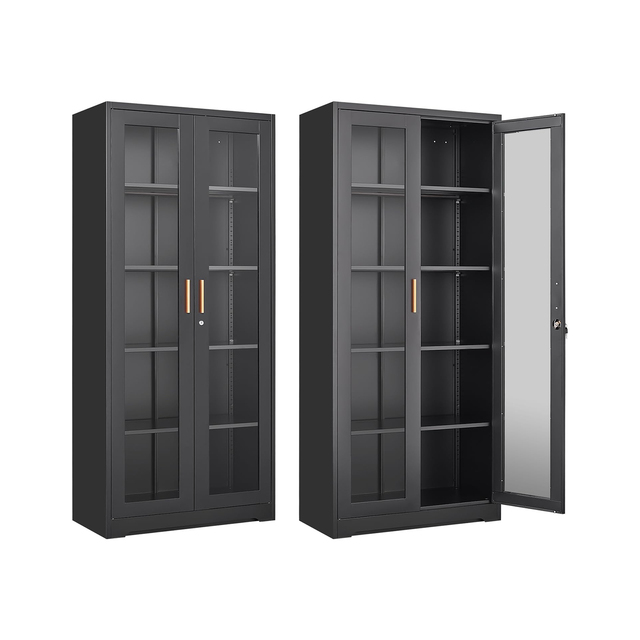 Modern Commercial Display Cabinet with Lock and Glass Doors Metal Construction 4 Adjustable Shelves Locking Storage
