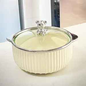 Light Luxury Style Silver Dinnerware Sets Noodle Soup Bowls Pot With Two Ears Ceramic With Glass Lid Modern Salad Bowl