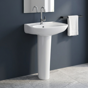 Lavabo sur pied carré en céramique blanc brillant de style européen, effet marbre, pour salle de bain de centre commercial ou villa, export Inde - Product Image 4