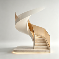 Escalier en marbre courbé de luxe moderne avec garde-corps en verre ambré et éclairage LED pour la décoration intérieure de villas et d'hôtels