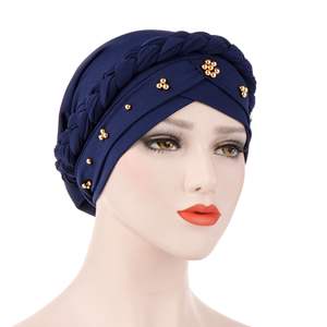 Chapeau turban africain en fibre de lait tressée pour femmes musulmanes de couleur unie <span class=keywords><strong>avec</strong></span> <span class=keywords><strong>perles</strong></span> dorées - Product Image 3