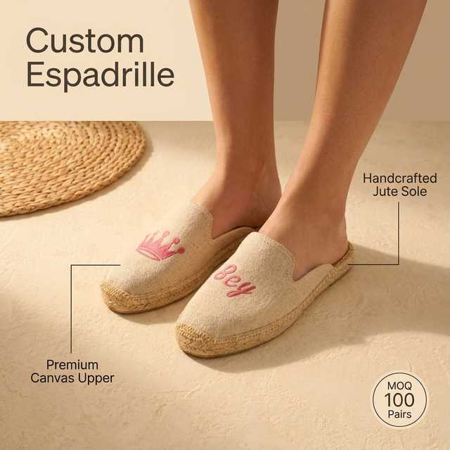 Custom Embroidered Handcrafted Espadrille Flat Slip on Jute Sole Casual Women Shoes Backless Slippers