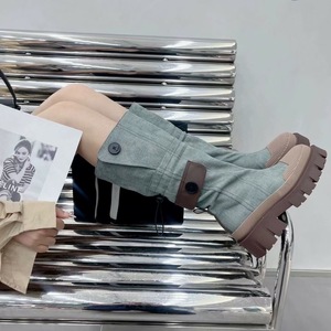 2026 <b>Women</b> Below-Knee Long Riding Boots Genuine Leather Washed Denim Combo Platform Thick Sole Slimming High Shaft Knight Boots - Product Image 4