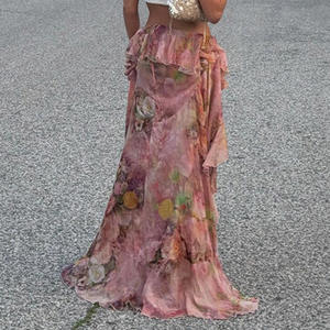 กระโปรงยาวแบบไม่สม่ำเสมอพิมพ์ลายดอกไม้สไตล์โบฮีเมียนย้อนยุคกระโปรงแมกซี่ทรงเอแต่งระบายสำหรับปาร์ตี้วันหยุด - Product Image 4