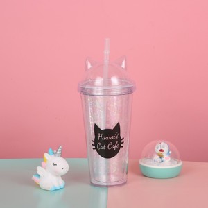 Hawaii Cat Cafe Cat Ear Tumbler With Straw Glitter Cup For Drinks - Product Image 3