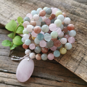 Collier de yoga en aquamarine, pierre du soleil, pierre de lune, quartz rose de 8 mm, bracelet d'amour pour sœur, bracelet de prière, bijoux spirituels, méditation - Product Image 3