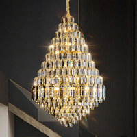 Grand lustre suspendu multicouche en cristal K9, moderne et luxueux, doré, pour hall de villa, hôtel, plafonds hauts et escalier
