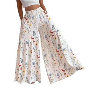 Pantalon droit décontracté pour femme, taille haute, ample, à taille élastique, fin, à jambe large, élégant, amincissant, polyvalent, motif floral féerique, Été 2026 - Product Image 5
