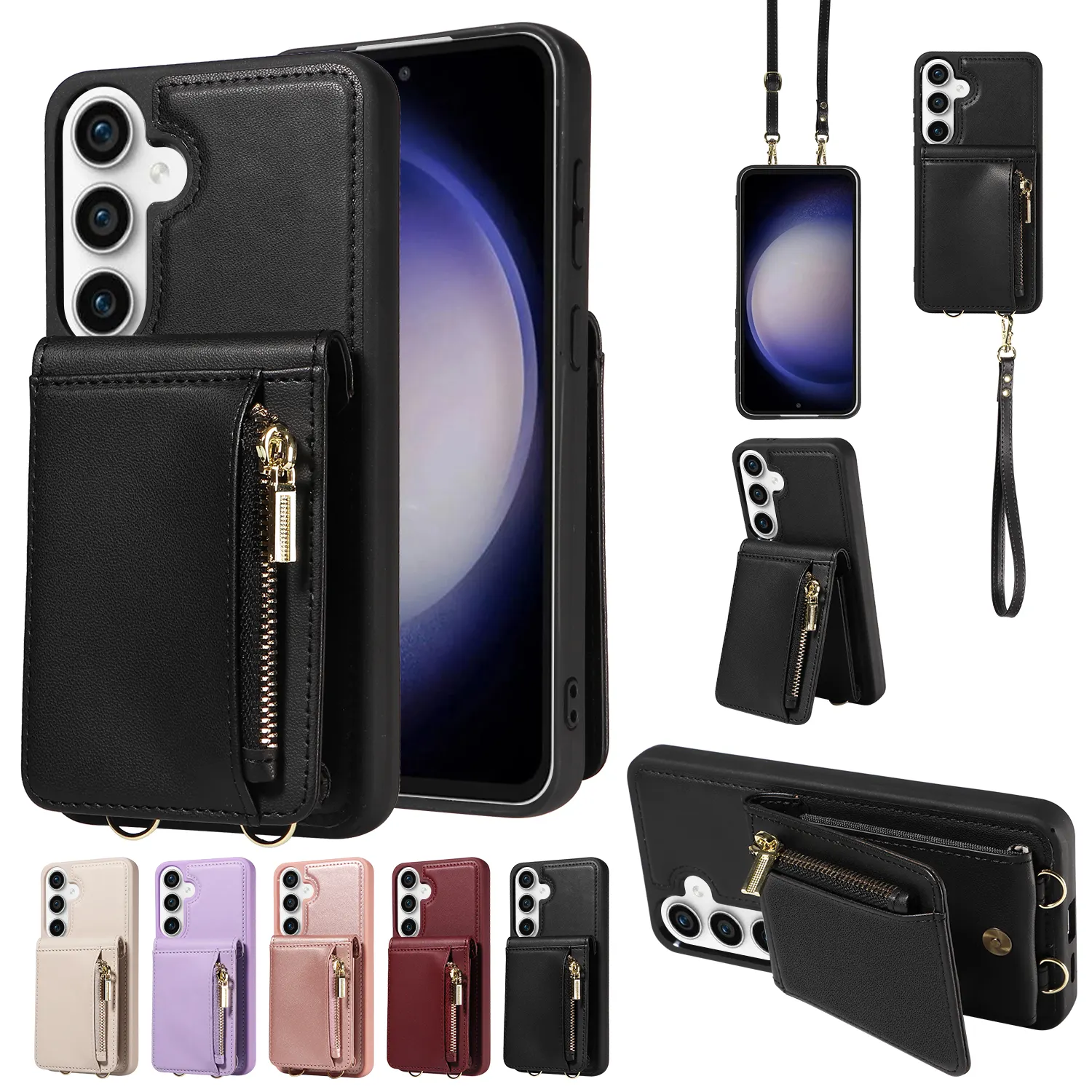 Wallet Case For Samsung S23 FE S24 ultra S23 Plus Credit Cards Holder Zipper Leather Case With Wrist Strap & Handbag Case S23 fe