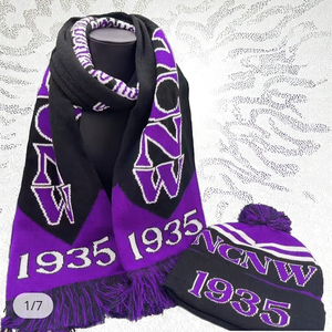 <span class=keywords><strong>Ensemble</strong></span> écharpe et <span class=keywords><strong>bonnet</strong></span> en tricot d'hiver personnalisé, écharpe longue en jacquard acrylique violette et blanche, conseil national des femmes noires, NCNW 1935 - Product Image 3
