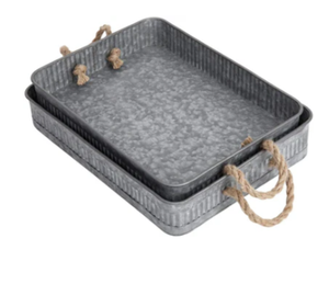 Plateau en métal galvanisé Poignée en corde Couleur grise Ustensiles de cuisine et plateau pour hôtel Plateau de service décoratif fait main - Product Image 1