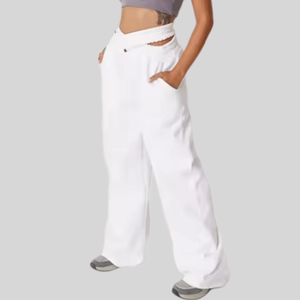 <span class=keywords><strong>Pantalon</strong></span> de survêtement sport blanc en coton taille haute pour femme, respirant, pour le fitness, le jogging et le streetwear, coupe droite sans cordon de serrage, jambe large - Product Image 3
