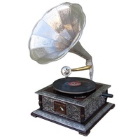 Alat Musik Gramofon Antik Pemutar Rekaman dengan Alas Kayu dan Klakson Kuningan Pemutar Musik Vintage untuk Dijual
