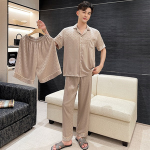 Usine <span class=keywords><strong>en</strong></span> gros hommes vêtements de nuit été nouveaux hommes glace <span class=keywords><strong>soie</strong></span> trois pièces ensembles couleur Pure Jacquard luxe à manches courtes pyjamas - Product Image 2