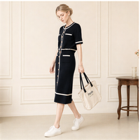 Ensemble deux pièces chic français : Cardigan en maille et jupe taille haute pour femme, manches courtes, minimaliste, décontracté, élégant, anti-plis, longueur genou, idéal pour l'été.
