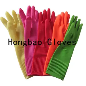 ถุงมือยางยาวสำหรับใช้ในครัวเรือนแขนยาวสีชมพูแดง100ก. 38ซม. ล้างจานทำความสะอาดเกาหลีถุงมือยางยาวกันน้ำ