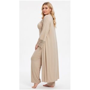 Ensemble de vêtements de nuit pour femmes en 3 pièces avec dentelle, en spandex/coton, robe, haut de pyjama à col en V, pantalon long, vêtements de détente unis, lavables en machine - Product Image 5