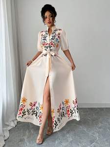 Vestido Largo Bohemio Vintage de Línea A, Tejido 100% Algodón, Manga Corta, Solapa Bordada, Cintura Natural, Tinte Liso, Lavable, con Bolsillos - Product Image 2