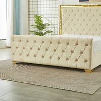 Lit double avec rangement, tête de lit haute capitonnée en velours, style européen luxueux, beige crème, avec bordure dorée