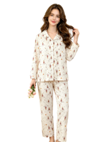 Pyjama en pur coton pour femme, printemps-automne, taille élastique, respirant, motif floral, luxe, manches longues, col rabattu, pour la maison et l'extérieur