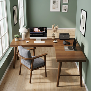 Modern Minimalist Wooden L-Shaped Computer Table Set Featuring Large Workspace and Stylish Grey Fabric Chair Made in Indonesia - Product Image 2