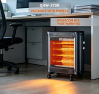 Chauffage électrique au quartz 2400W, 4 lampes chauffantes, radiateur d'ambiance portable avec roulettes, thermostat réglable