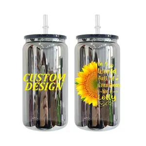 Custom Logo Print best gifts for mother Drinking Glasses mirror black plated personalized 16oz beer glass can with lid and straw
