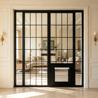 Porte française moderne en acier K-draw avec porte pour animaux intégrée, double porte en verre noir, OEM ODM